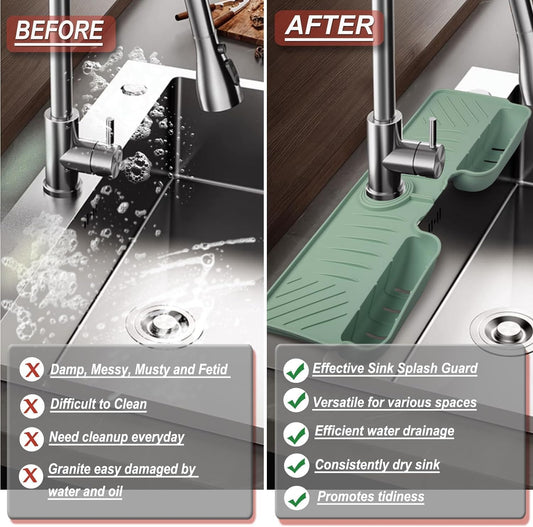 Silicone Kitchen Sink Faucet Splash Guard Mat & Sponge Holder Tray