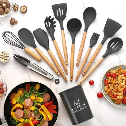 Premium 12-Piece Non-Stick Silicone Cooking Utensils Set with Wooden Handles