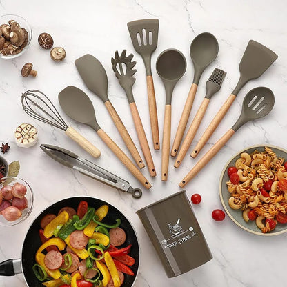 Premium 12-Piece Non-Stick Silicone Cooking Utensils Set with Wooden Handles