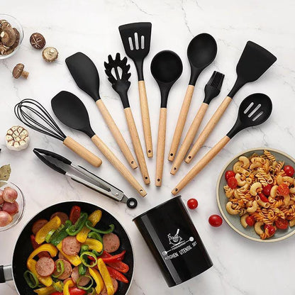 Premium 12-Piece Non-Stick Silicone Cooking Utensils Set with Wooden Handles