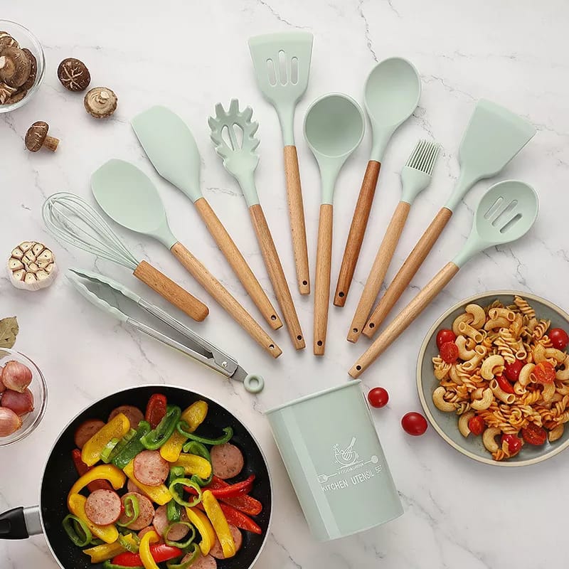 Premium 12-Piece Non-Stick Silicone Cooking Utensils Set with Wooden Handles