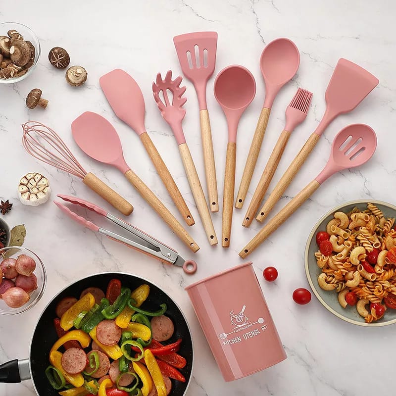Premium 12-Piece Non-Stick Silicone Cooking Utensils Set with Wooden Handles