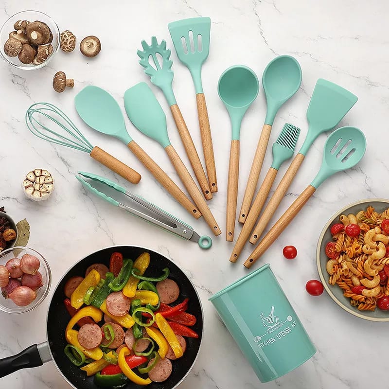 Premium 12-Piece Non-Stick Silicone Cooking Utensils Set with Wooden Handles