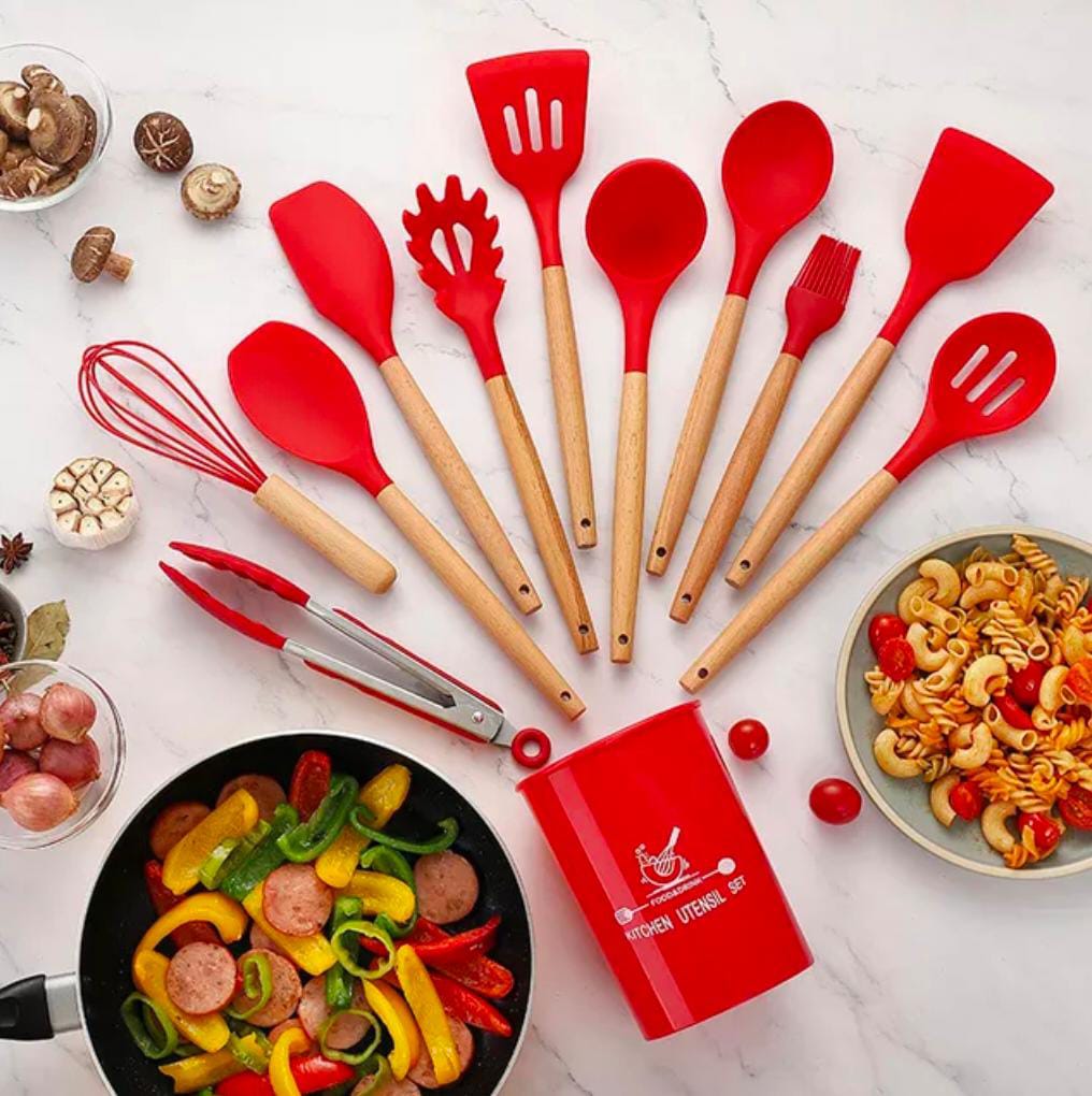 Premium 12-Piece Non-Stick Silicone Cooking Utensils Set with Wooden Handles