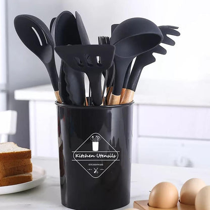 Premium 12-Piece Non-Stick Silicone Cooking Utensils Set with Wooden Handles