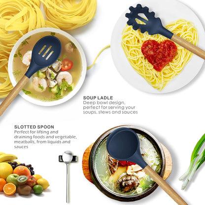 Premium 12-Piece Non-Stick Silicone Cooking Utensils Set with Wooden Handles