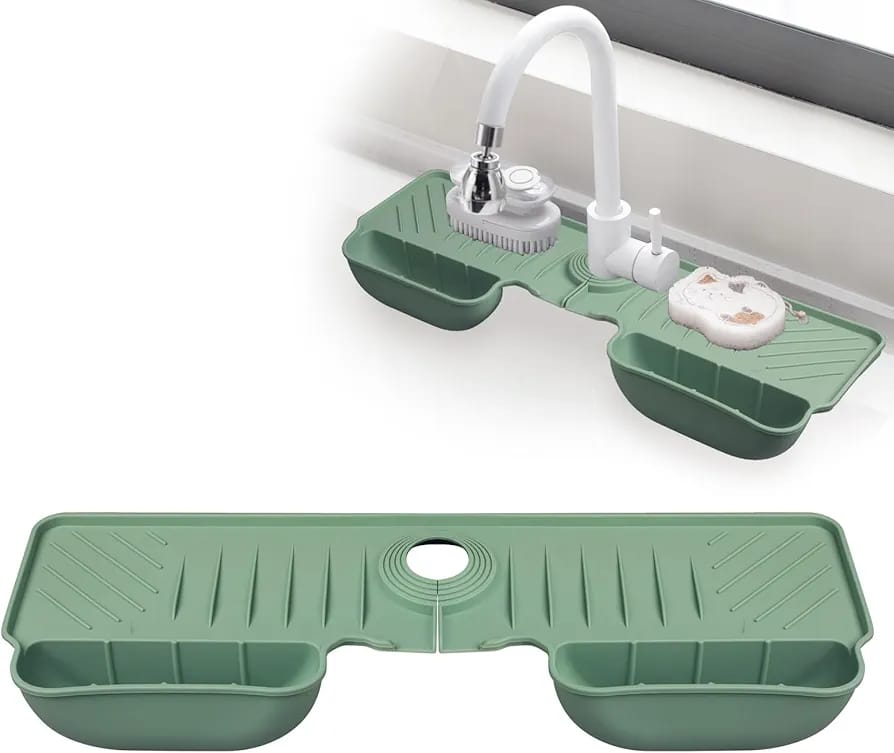 Silicone Kitchen Sink Faucet Splash Guard Mat & Sponge Holder Tray