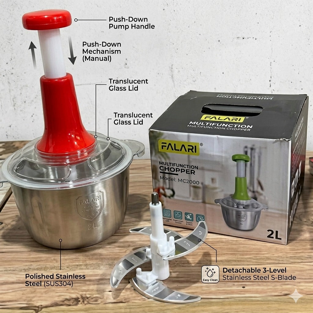 Large 2L Effortless Hand-Press Vegetable Chopper & Manual Meat Mincer