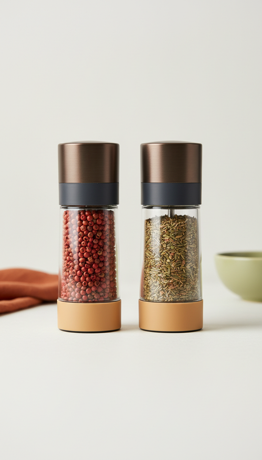 Glass spice grinder set with adjustable ceramic mill