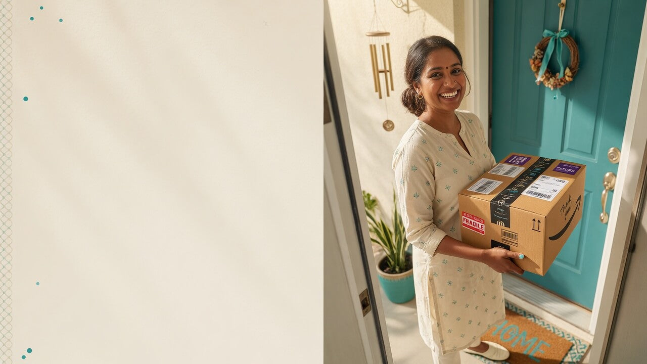Happy customer receiving kitchen gadgets home delivery package