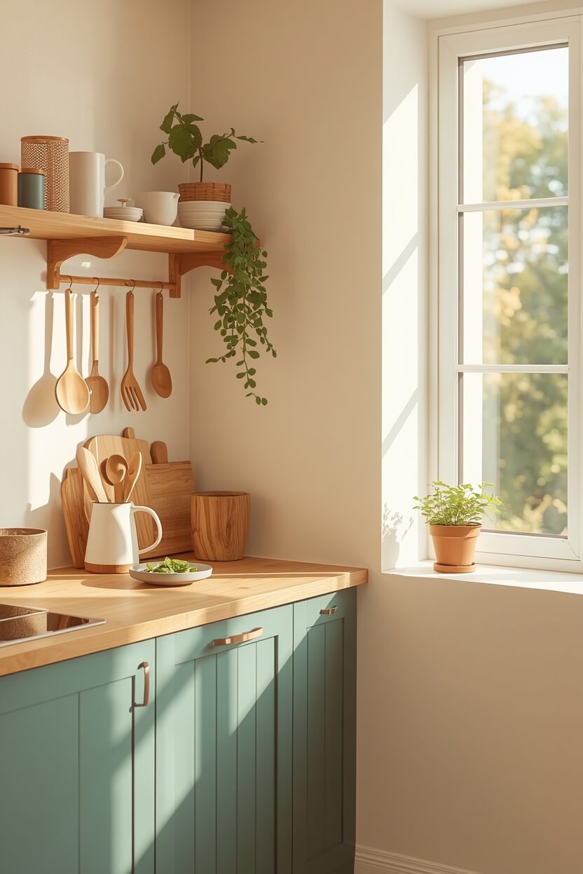 Modern minimalist kitchen with wooden shelves and teal cabinets